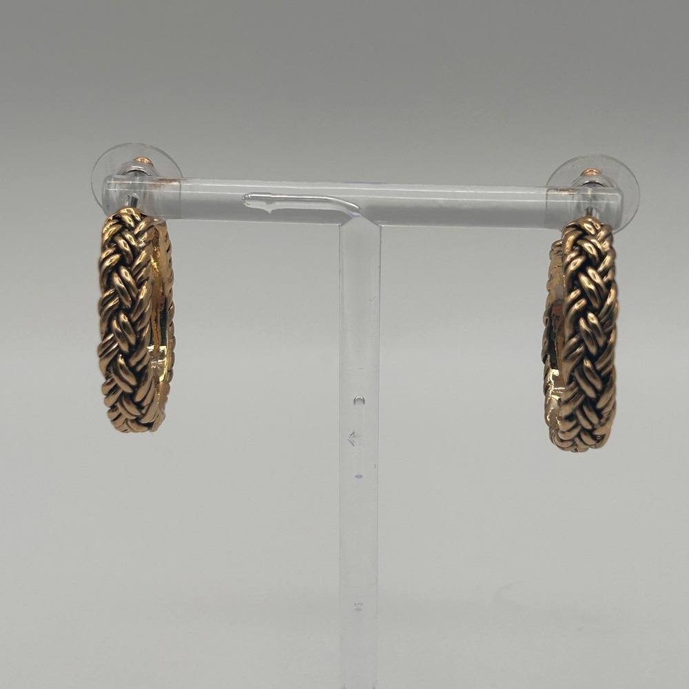 Gold Tone Braided Wheat Chain Texture Open Hoop Pierced Earrings C-Shape 1 Inch
